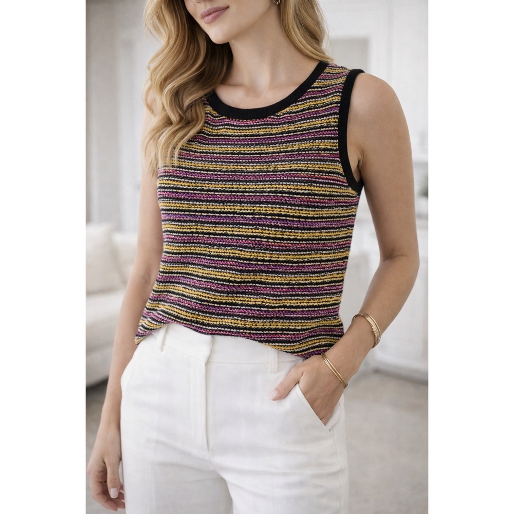St John Sport Knit Tank Top Marie Gray‎ Striped Textured Multicolor Size S